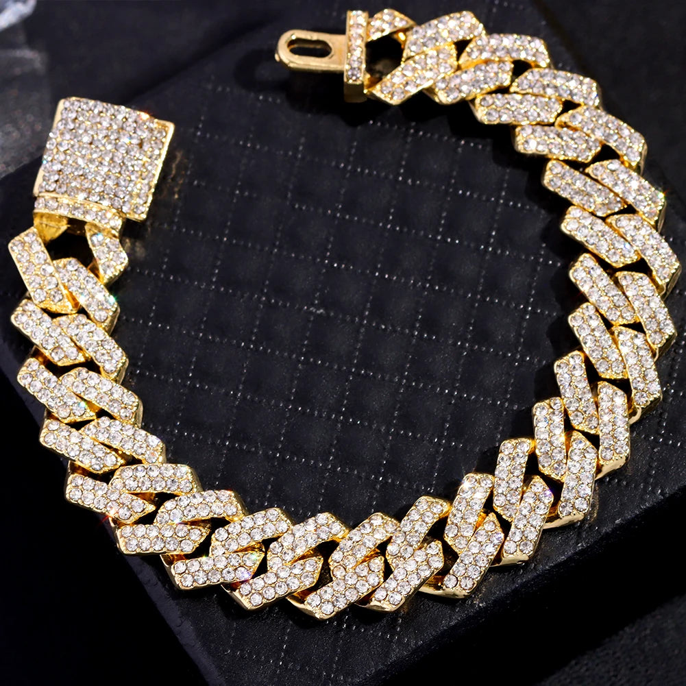 Bracelets en chaîne cubaine à maillons glacés de 14MM pour hommes et femmes, strass complets, épais, Miami, Punk, Hip Hop, bijoux cadeau