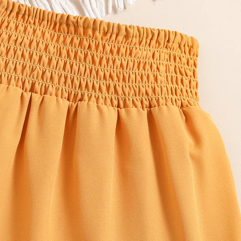Ensemble de vêtements haut et bas pour enfants, haut à manches courtes + jupe épissure, jaune uni, conçu pour l'été, mode classique, fête décontractée