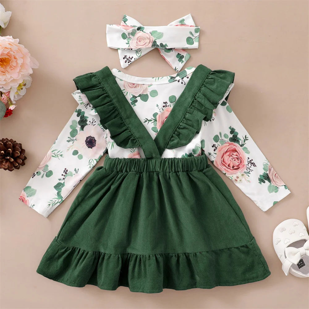 Ensemble de vêtements 3 pièces pour nouveau-né fille, haut floral à manches longues, jupe à bretelles, vêtements de sauna, mode printemps et automne, 0 à 12 mois, 03 tenue
