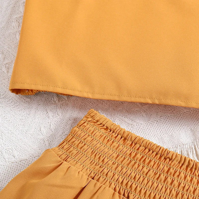 Ensemble de vêtements haut et bas pour enfants, haut à manches courtes + jupe épissure, jaune uni, conçu pour l'été, mode classique, fête décontractée