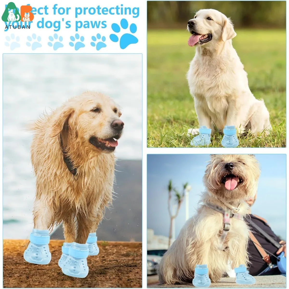 ATUBAN Chaussures pour chiens, sandales pour chaussons chauds, bottes d'extérieur pour chiens, chaussons antidérapants et imperméables pour l'hiver, jour enneigé et été