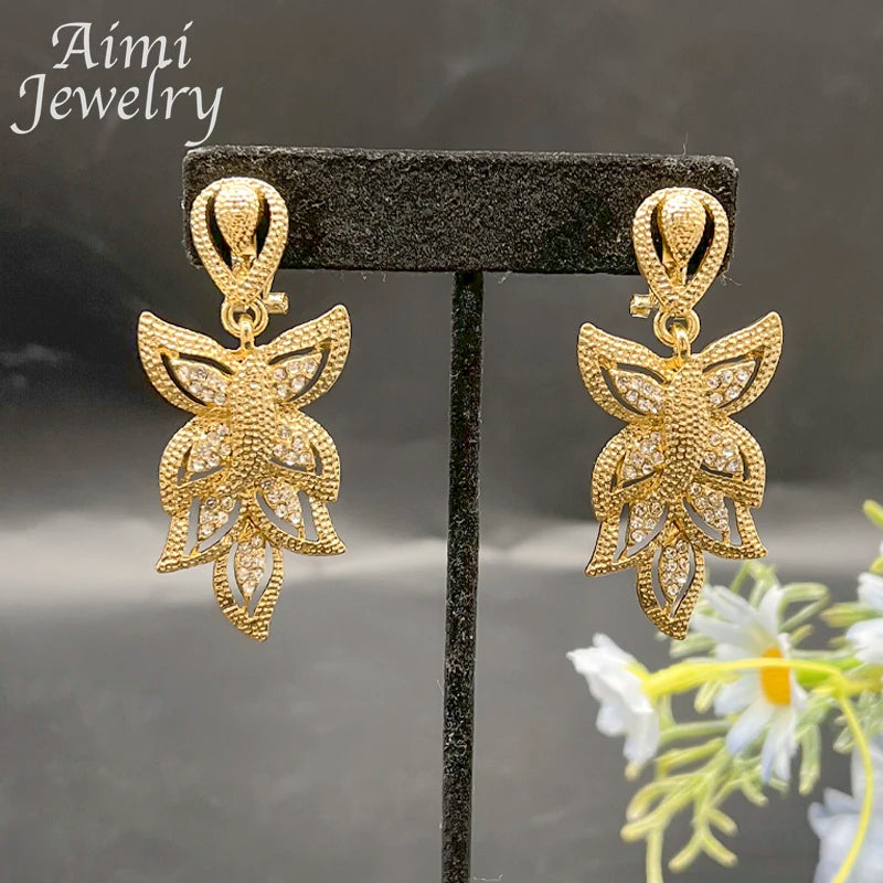 Ensemble de bijoux de luxe plaqué or 18 carats pour femmes, 4 pièces, collier, boucle d'oreille, Bracelet, bague, cadeaux de fête de mariage de mariée africaine