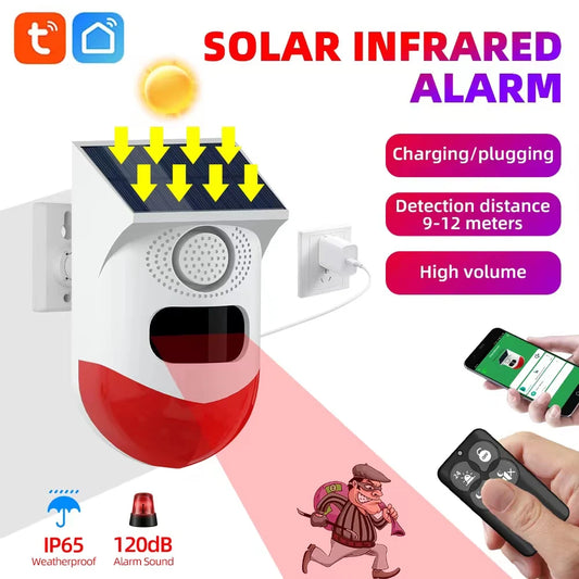 Tuya – détecteur de mouvement infrarouge intelligent WiFi, solaire, extérieur, PIR, sirène stroboscopique sans fil, alarme sonore, télécommande étanche