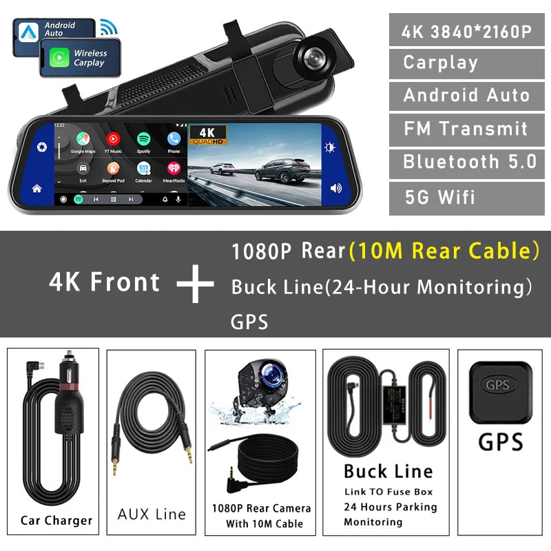 10 "Cam de tableau de bord 4K 3840*2160P voiture Dvr Carplay Android Auto GPS 5G WIFI AUX flux rétroviseur Dashcam caméra lecteur enregistreur FM