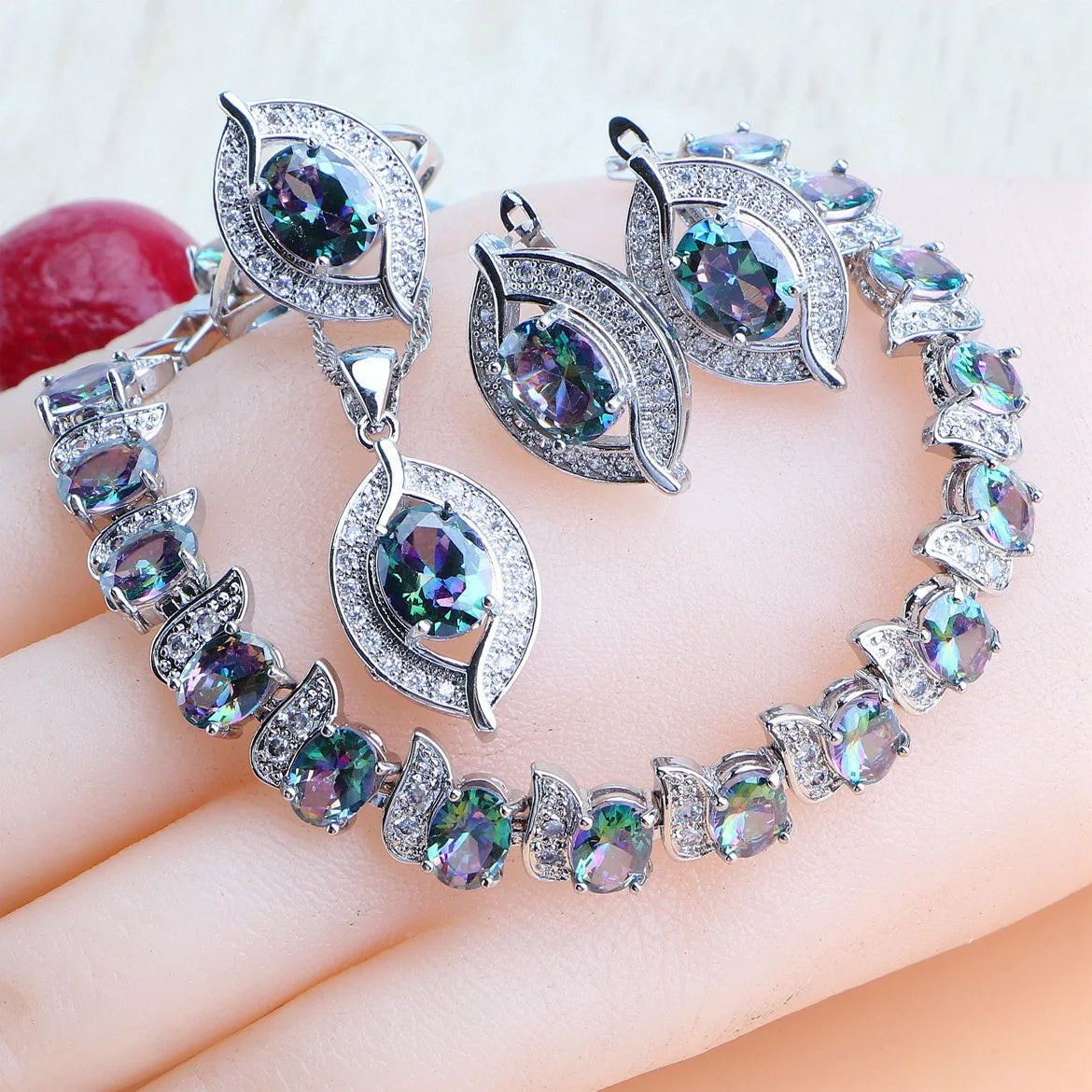 Ensemble de bijoux en argent Zircon violet 925, boucles d'oreilles de mariée, bracelets à breloques pour femmes, bague, pendentif, collier, bijoux de mariage