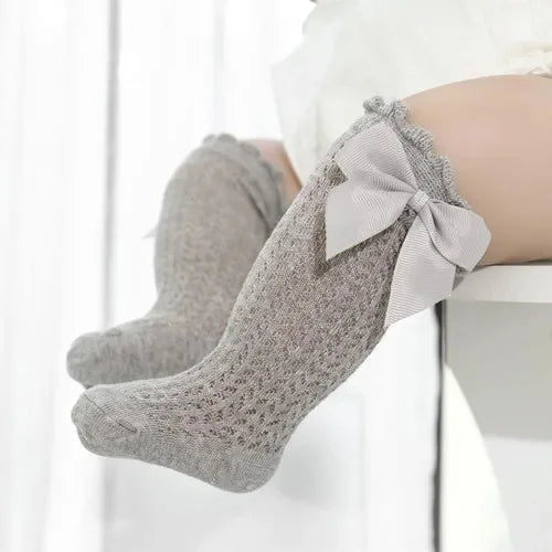 Chaussettes d'été en coton pour bébé fille de 0 à 24 mois, avec nœud en maille et dentelle, aux genoux, pour nouveau-né, princesse, longues, nouvelle collection 2024