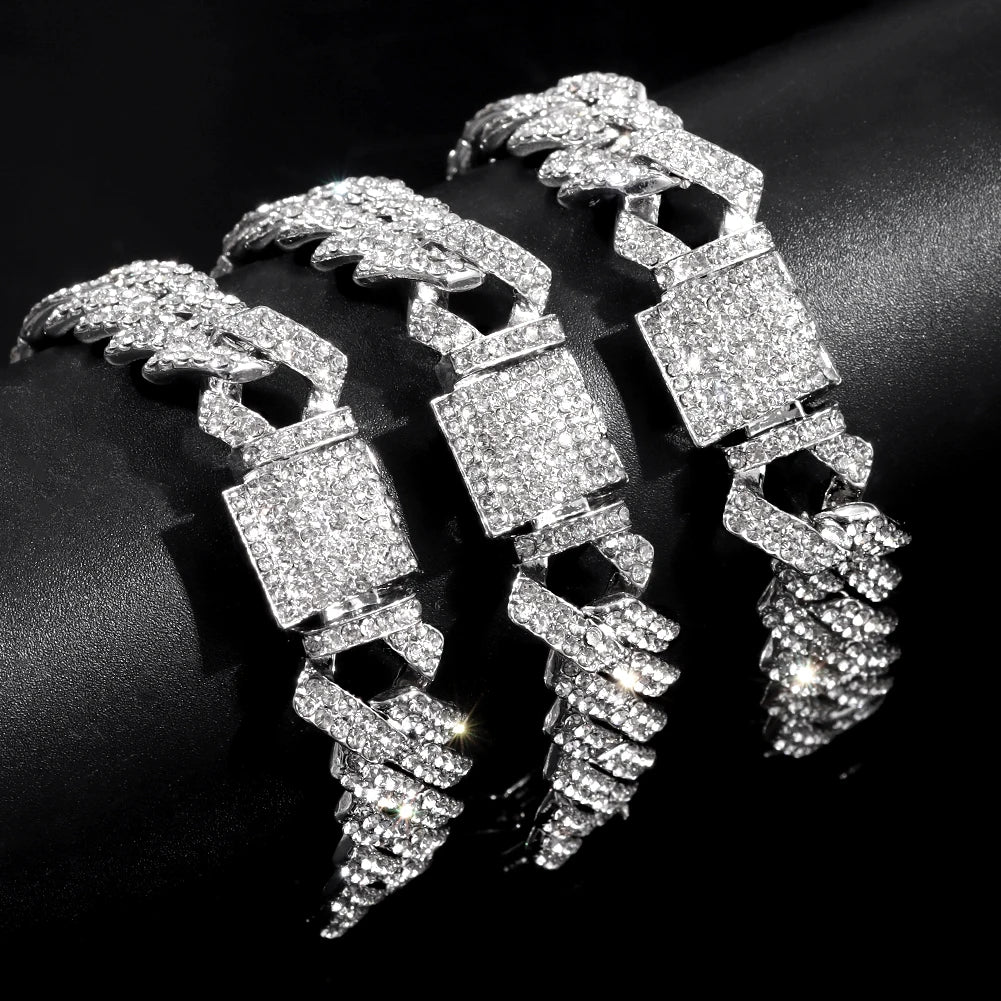 Bracelets en chaîne cubaine à maillons glacés de 14MM pour hommes et femmes, strass complets, épais, Miami, Punk, Hip Hop, bijoux cadeau