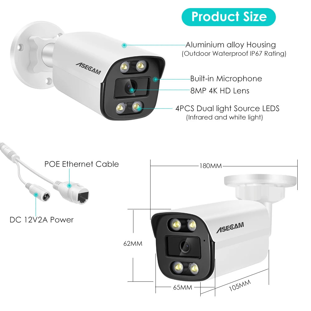 Caméra de Surveillance extérieure IP POE hd 8MP/4K, dispositif de sécurité domestique en métal couleur, avec Vision nocturne et Audio, codec H.265 et protocole Onvif