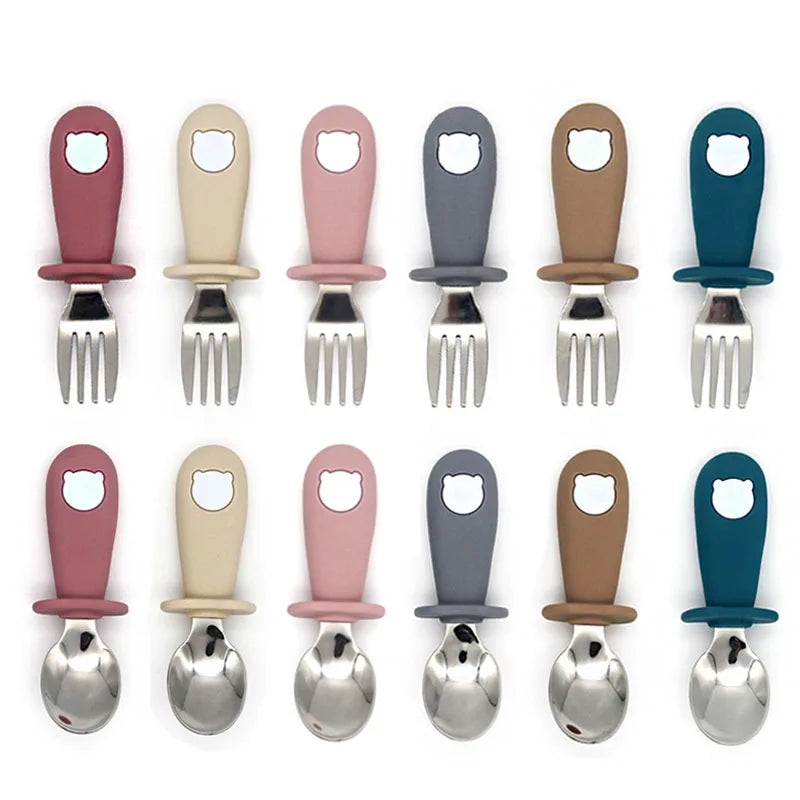Ensemble de vaisselle de dessin animé pour bébé, ustensiles pour enfants en acier inoxydable, couverts de table pour tout-petits, dessin animé, cuillère d'alimentation pour nourrissons, fourchette