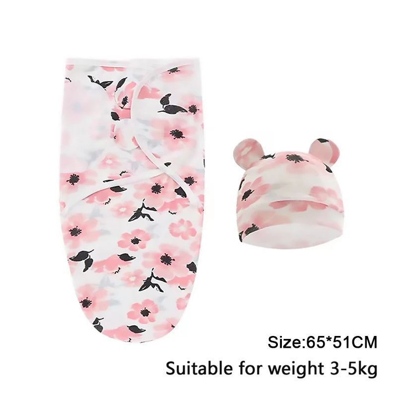 Ensemble de couverture et chapeau pour bébé de 0 à 6 mois, en coton imprimé de dessin animé, emmaillotage réglable pour nouveau-né, enveloppes de couchage pour nourrissons, toutes saisons