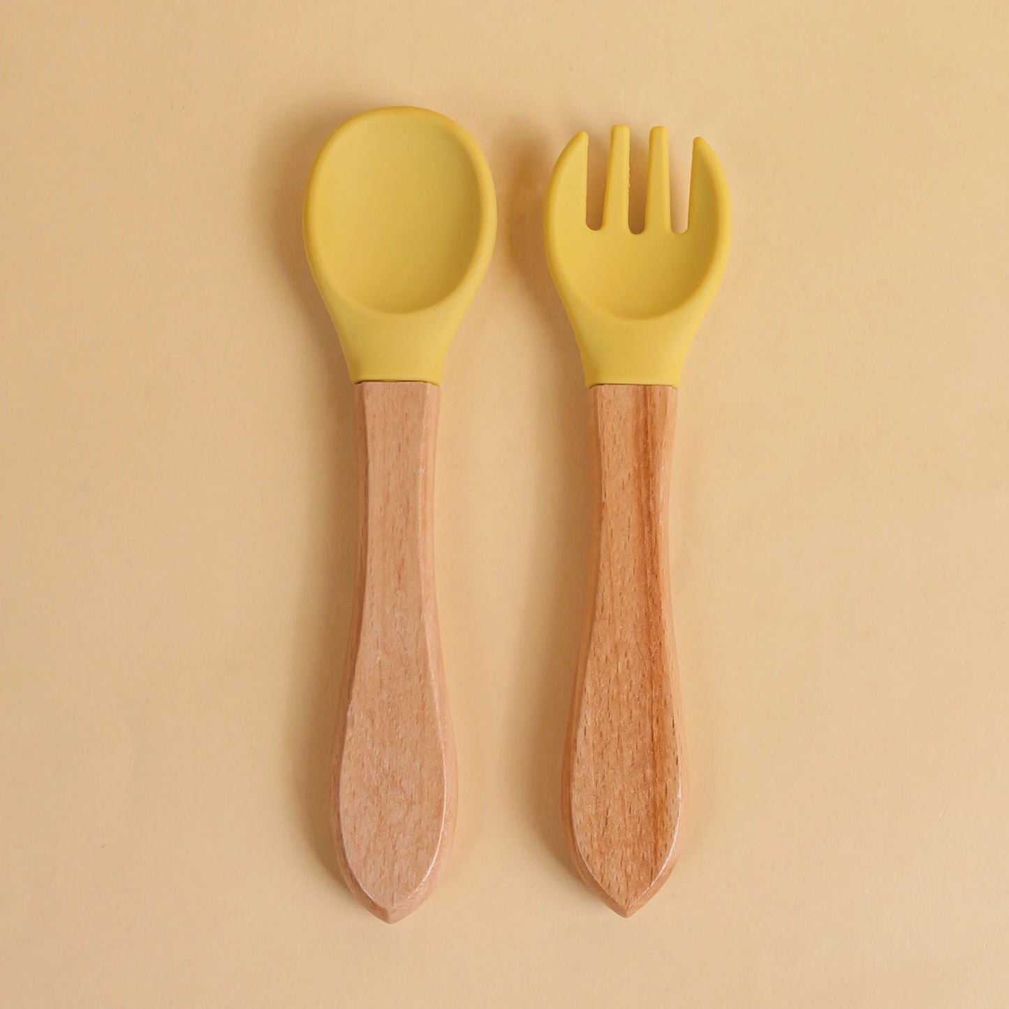 2 pièces/ensemble vaisselle bébé cuillère fourchette ensemble enfants Silicone bois alimentation formation bébé vaisselle couverts bébé alimentation fournitures