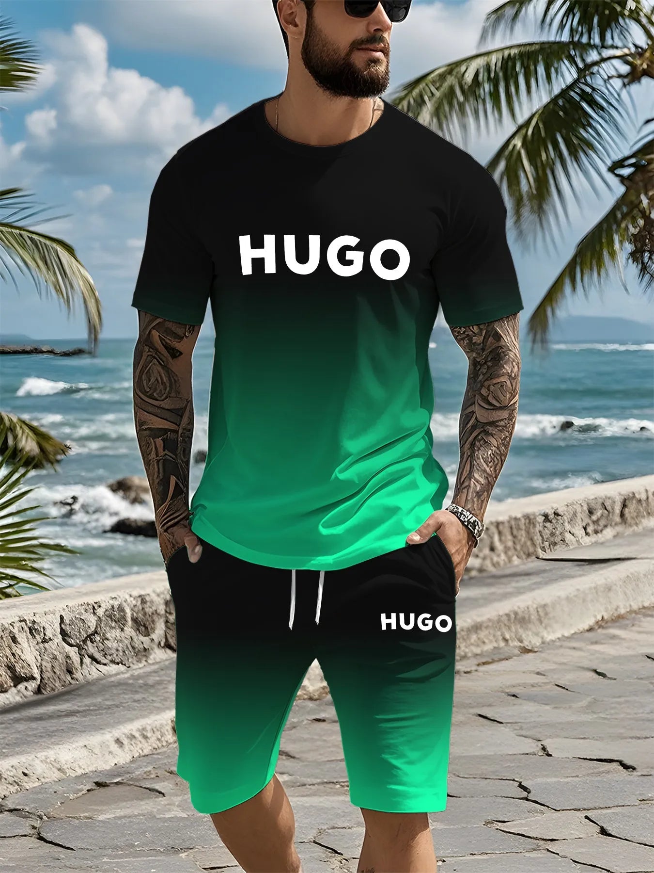Un tout nouveau ensemble de vêtements pour hommes imprimés numériques en 3D de marque tendance d'été, un vêtement décontracté à la mode adapté aux hommes et aux femmes, bre