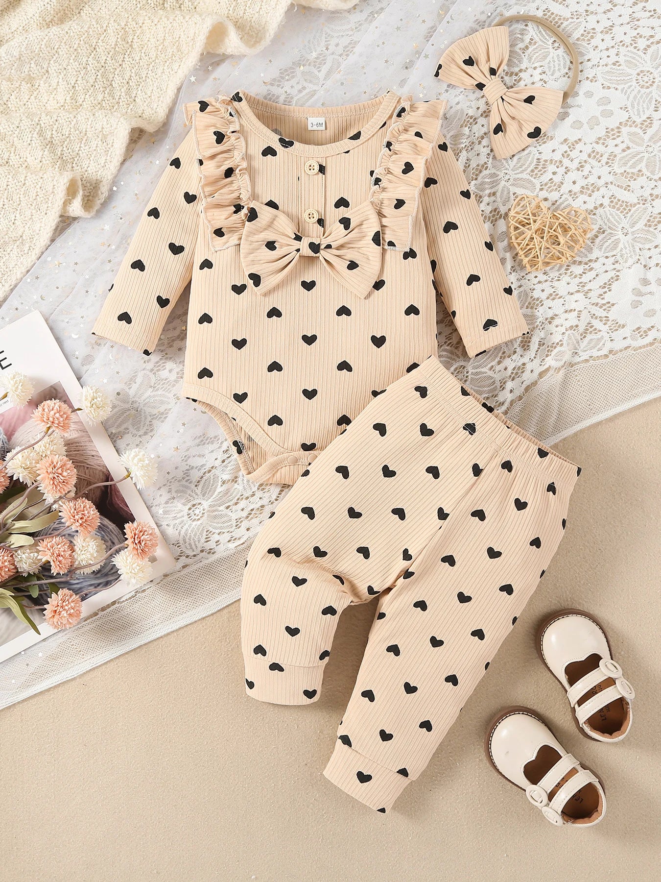 Kukitty – ensemble de vêtements 3 pièces pour nouveau-né fille, barboteuse à manches longues, imprimé cœur, haut et pantalon, bandeau, tenues en tricot