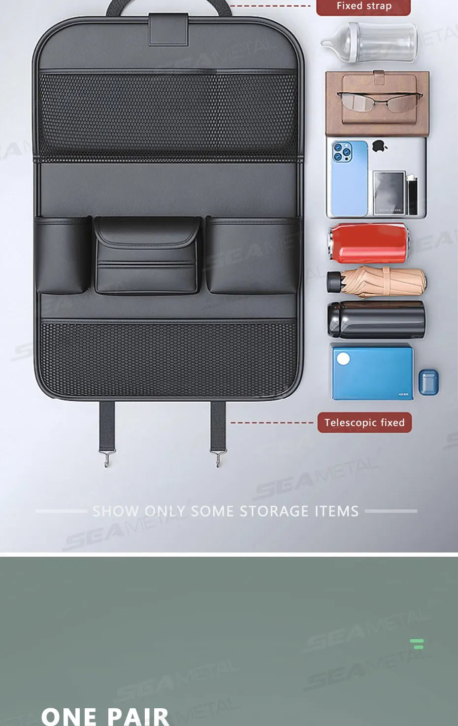 SEAMETAL 8 en 1 sac de rangement pour dossier de siège de voiture avec plateau pliable résistant à l'usure étanche organisateur de siège arrière de voiture porte-mouchoirs/gobelet