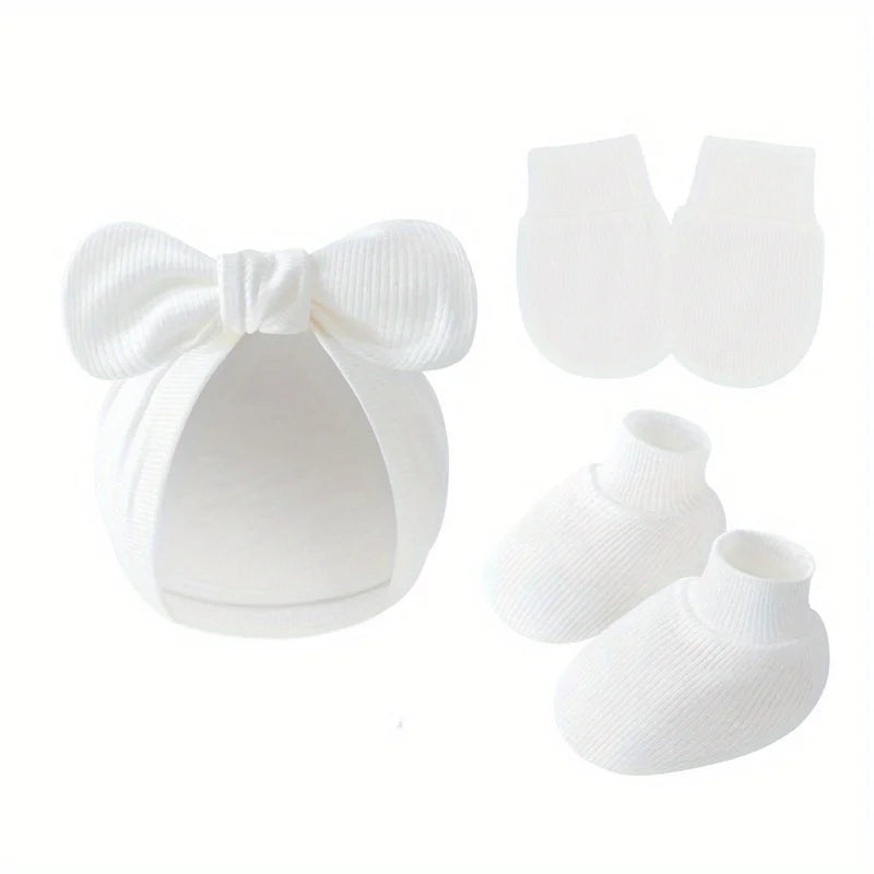 3 pièces/ensemble bébé nœud chapeau gants chaussettes coton nouveau-né Bonnet couleur unie Bonnet pour filles garçons infantile douche cadeaux 0-6M