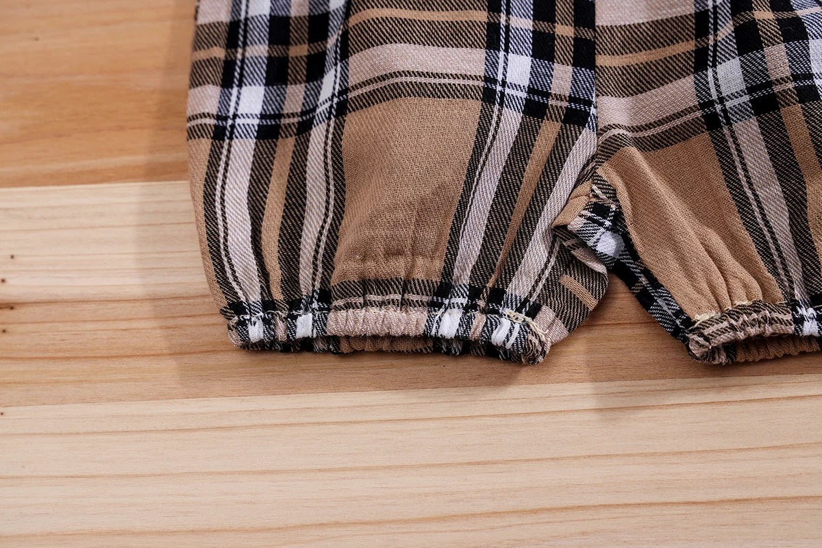 IURNXB – ensemble de vêtements pour bébé, 2 pièces, manches courtes, body ours à carreaux + pantalon à bretelles, tenues pour nouveau-né de 1 à 18 mois