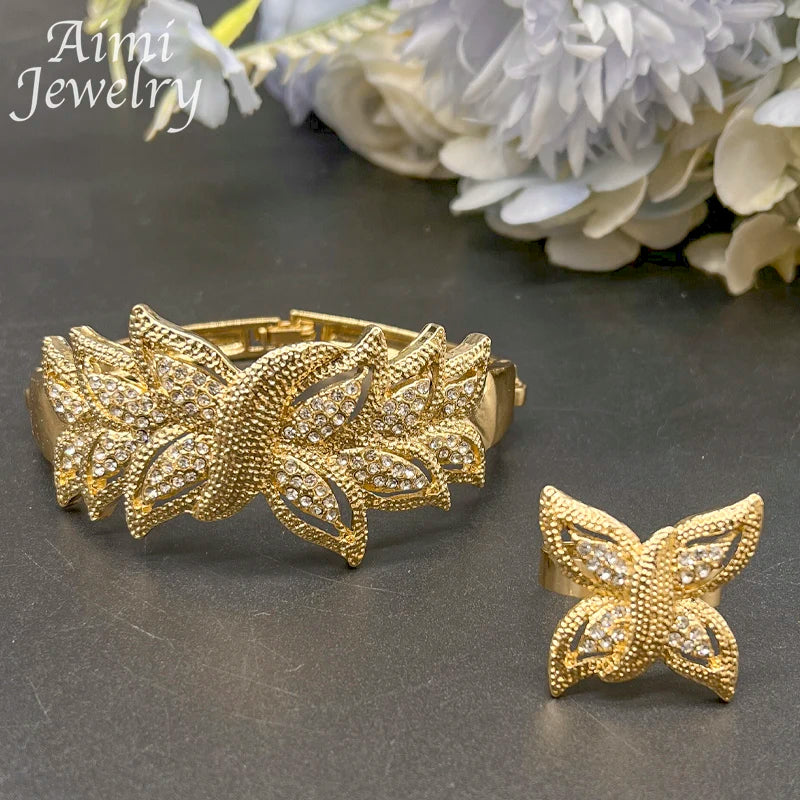 Ensemble de bijoux de luxe plaqué or 18 carats pour femmes, 4 pièces, collier, boucle d'oreille, Bracelet, bague, cadeaux de fête de mariage de mariée africaine