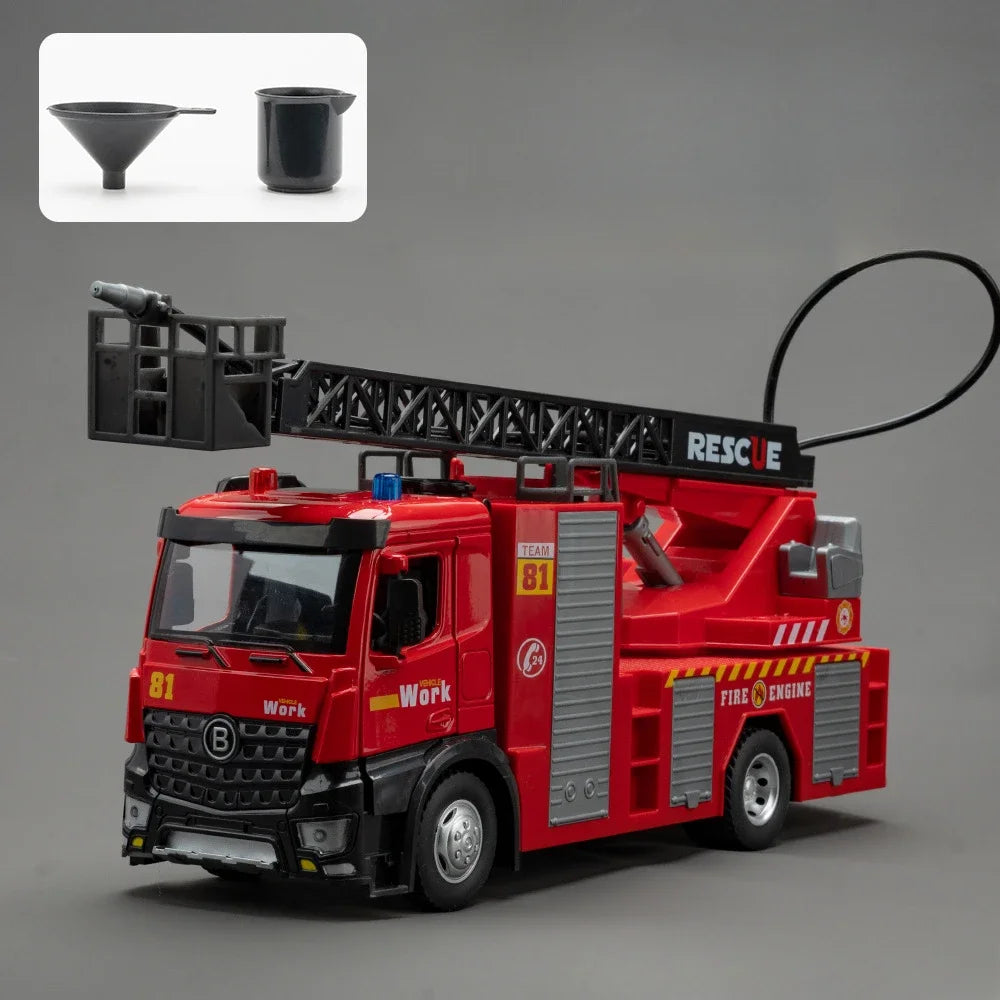 1:18 pétrolier d'eau alliage échelle camion de pompier modèle jouets voiture moulé sous pression en métal ingénierie véhicule portes ouvert son lumière jouet garçon cadeau