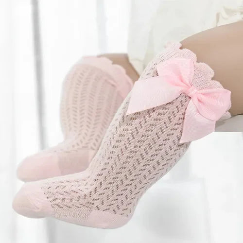Chaussettes d'été en coton pour bébé fille de 0 à 24 mois, avec nœud en maille et dentelle, aux genoux, pour nouveau-né, princesse, longues, nouvelle collection 2024