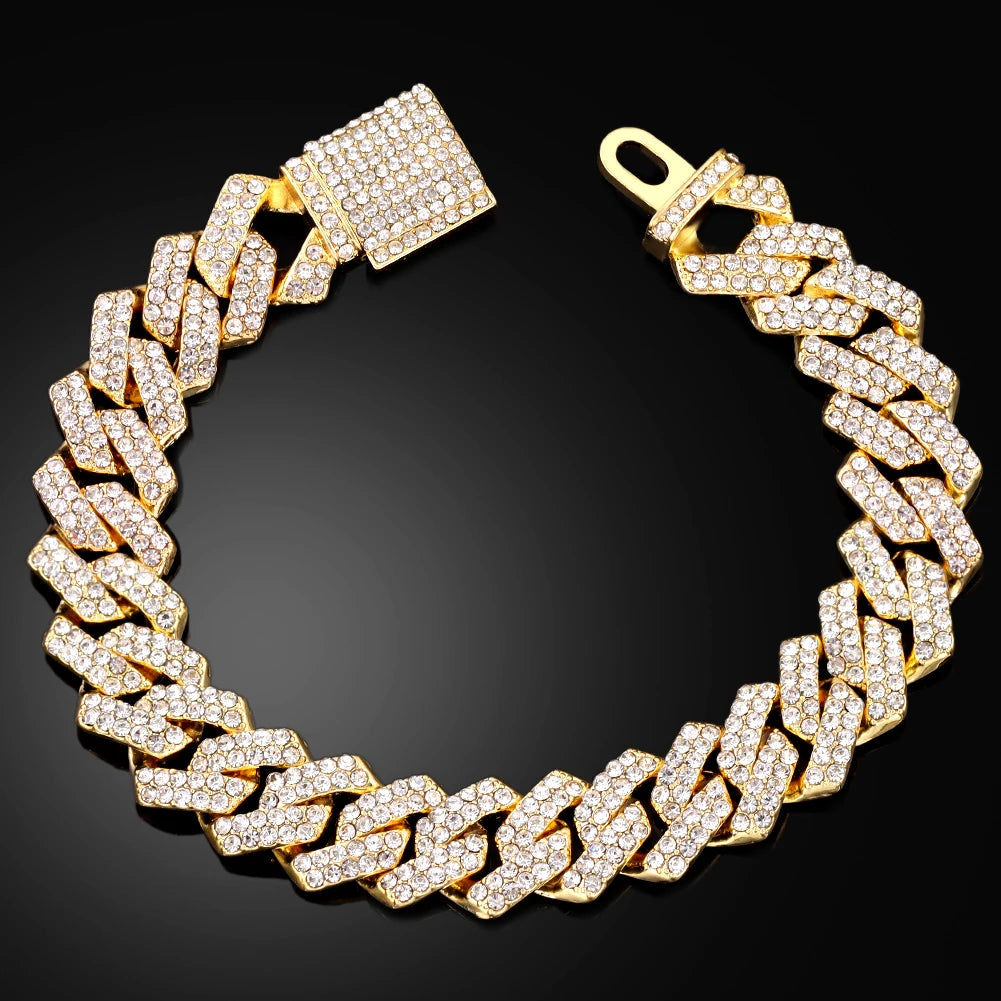 Bracelets en chaîne cubaine à maillons glacés de 14MM pour hommes et femmes, strass complets, épais, Miami, Punk, Hip Hop, bijoux cadeau
