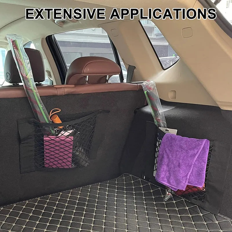 Sac de rangement universel pour voiture Filet de coffre à double maille Sac de rangement intégré Filet de fixation pour extincteur Filet antidérapant Filet de rangement voiture Filet de coffre double maille automobile