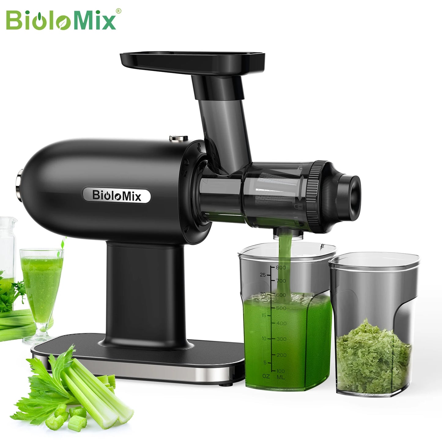 BioloMix Presse-agrumes à pression froide, presse-agrumes à mastication lente avec fonction inversée, rendement de jus élevé, brosse facile à nettoyer et silencieuse