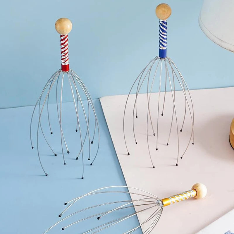 Masseur de tête de poulpe en acier inoxydable, 1 pièce, relaxant de tête gravé, griffe de Massage du cerveau, grattoir du cuir chevelu, soulage les démangeaisons, couleur aléatoire