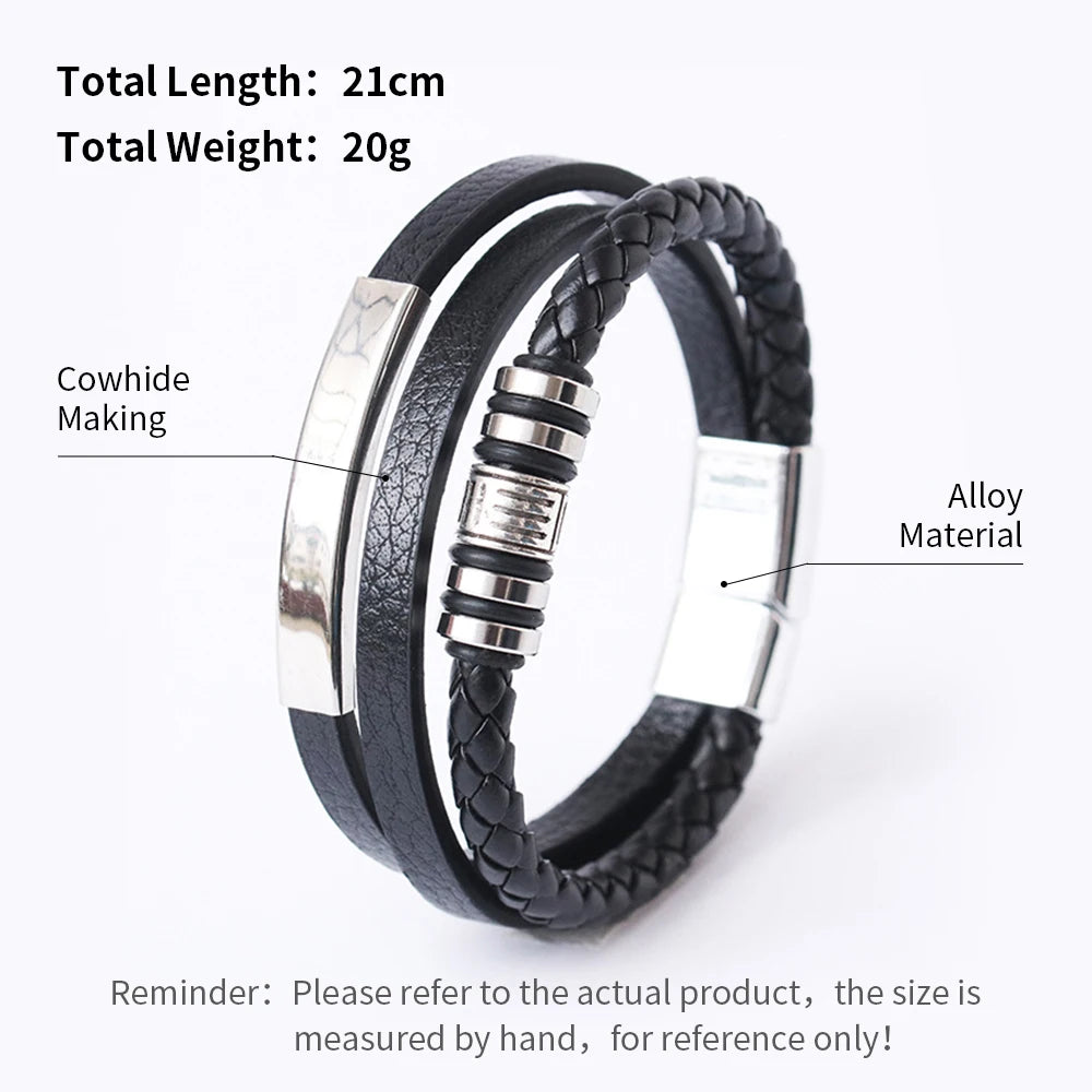 Bracelets en cuir pour hommes, en acier inoxydable, multicouches, en corde tressée, bijoux cadeaux, 21CM