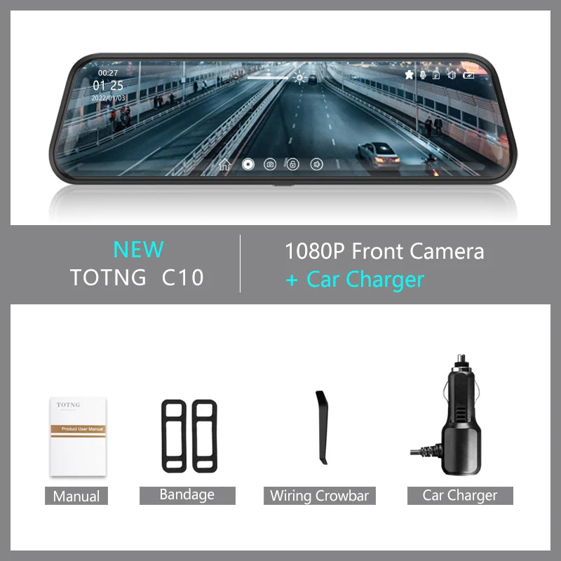 10 pouces pour voiture écran tactile enregistreur vidéo rétroviseur Dash Cam caméra avant et arrière miroir DVR (caméra arrière en option)