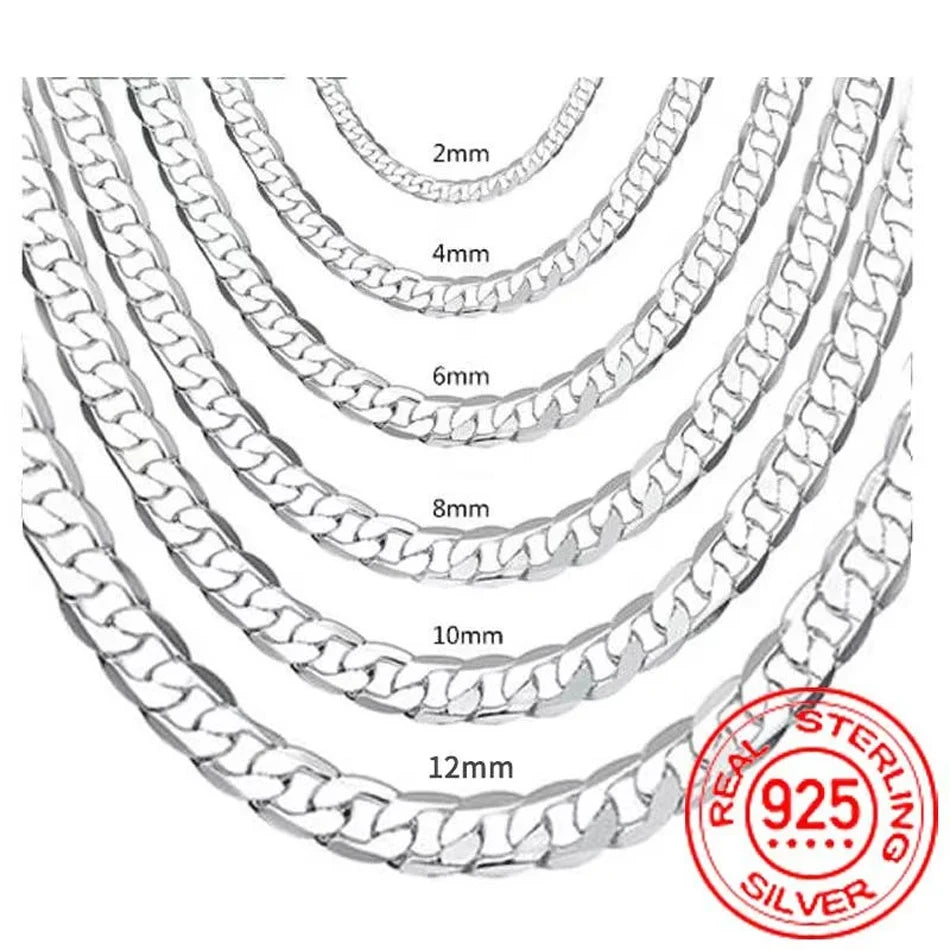 Collier en argent Sterling 925 pour hommes et femmes, 2/4/6/8/10/12MM, 40-75cm, chaîne faciale, fermoir à homard, bijoux de fiançailles, cadeaux