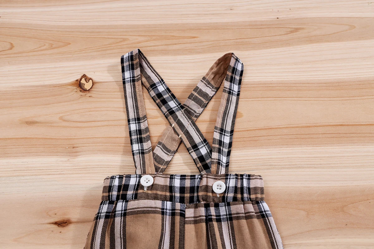 IURNXB – ensemble de vêtements pour bébé, 2 pièces, manches courtes, body ours à carreaux + pantalon à bretelles, tenues pour nouveau-né de 1 à 18 mois