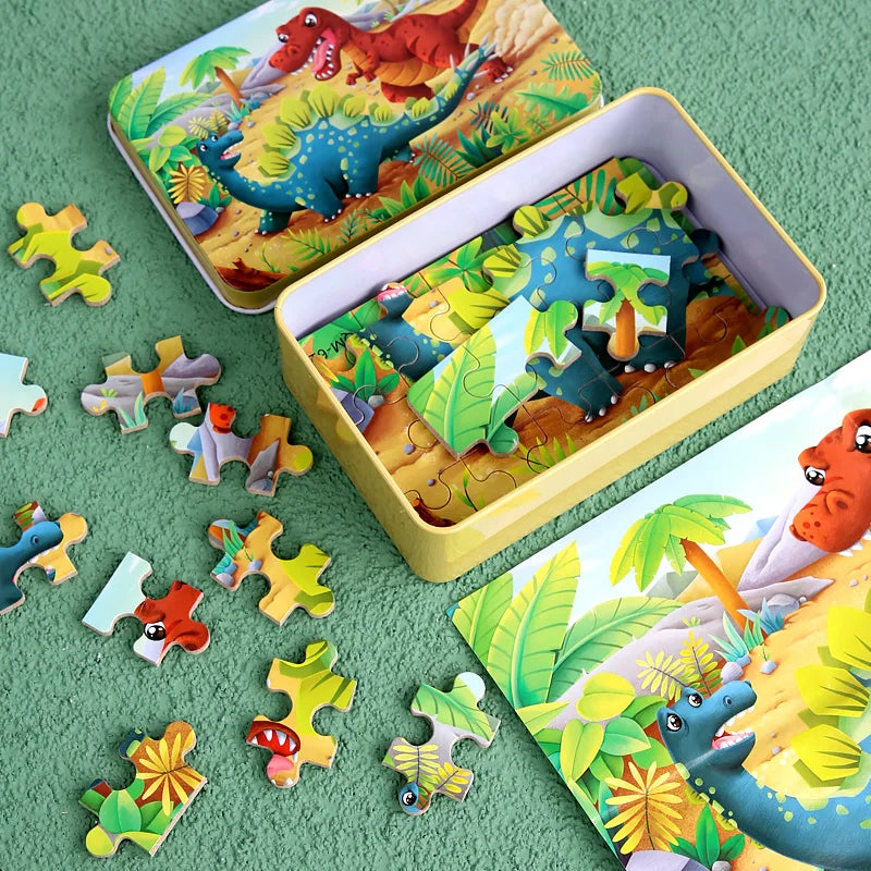 Puzzle de dessin animé 60 pièces avec boîte en métal, Puzzle de véhicule Animal d'éducation précoce pour enfants, jeu d'interaction Parent-enfant