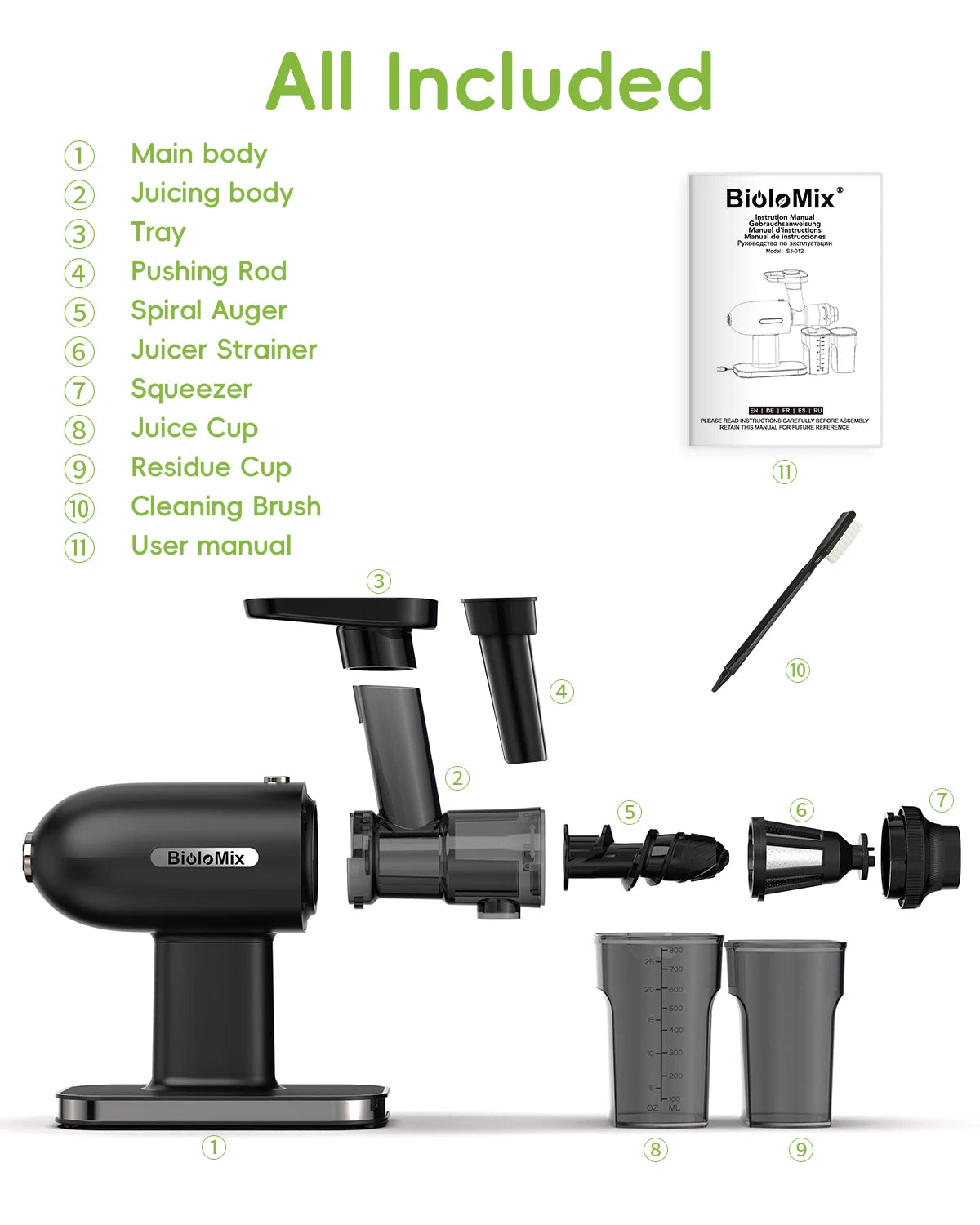 BioloMix Presse-agrumes à pression froide, presse-agrumes à mastication lente avec fonction inversée, rendement de jus élevé, brosse facile à nettoyer et silencieuse