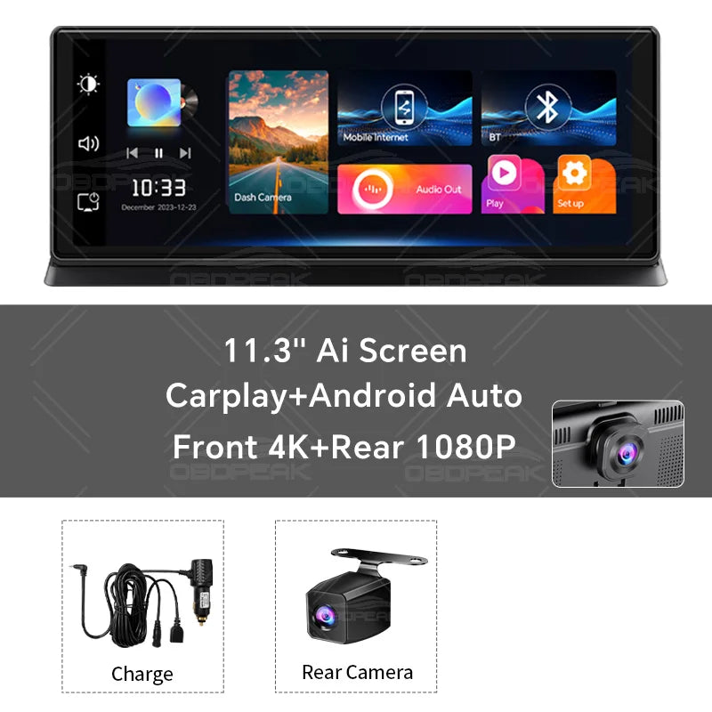 Caméra de tableau de bord sans fil pour voiture, K2 Pro, DVR 4K, Carplay, Android Auto, écran AI, enregistreur vidéo Len pour touristes, navigation GPS, tableau Prada, 11.3 pouces