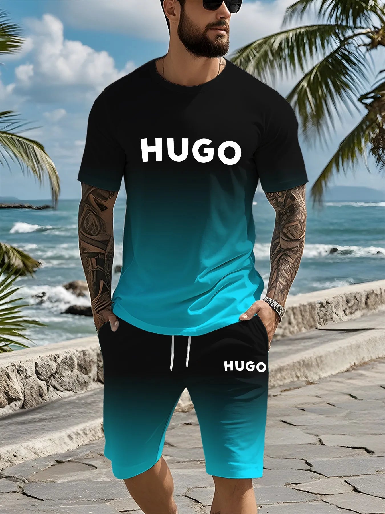 Un tout nouveau ensemble de vêtements pour hommes imprimés numériques en 3D de marque tendance d'été, un vêtement décontracté à la mode adapté aux hommes et aux femmes, bre