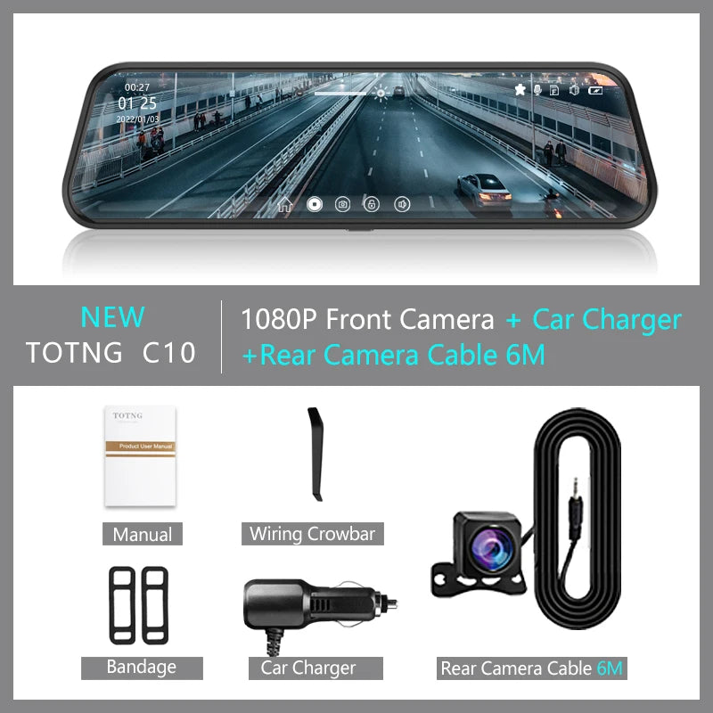 10 pouces pour voiture écran tactile enregistreur vidéo rétroviseur Dash Cam caméra avant et arrière miroir DVR (caméra arrière en option)