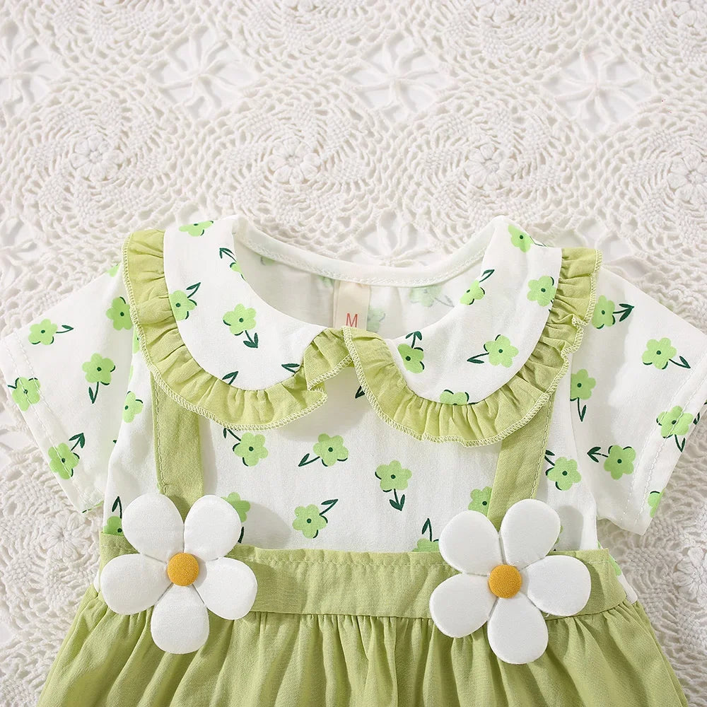 (0-3 ans) été bébé fille coton fleur faux deux pièces bandoulière robe fille mignon robe à manches courtes
