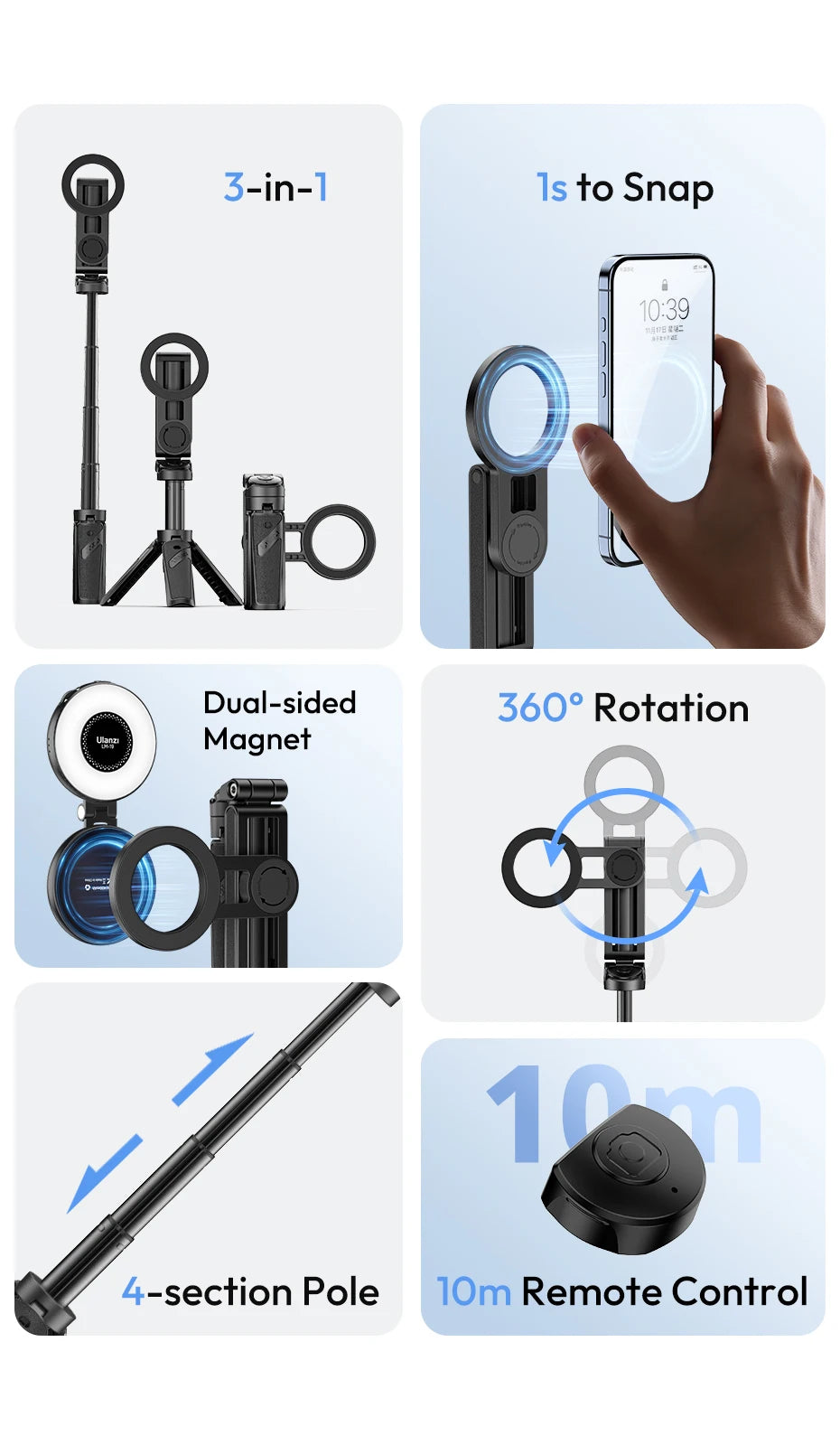 Ulanzi JJ03 trépied de téléphone magnétique sans fil poignée de téléphone Selfie bâton trépied de bureau pour iPhone 16 15 14 13 Pro Pro Max