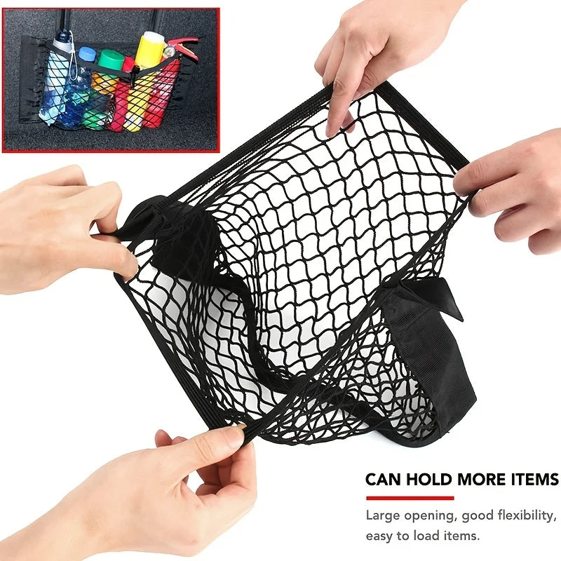 Sac de rangement universel pour voiture Filet de coffre à double maille Sac de rangement intégré Filet de fixation pour extincteur Filet antidérapant Filet de rangement voiture Filet de coffre double maille automobile