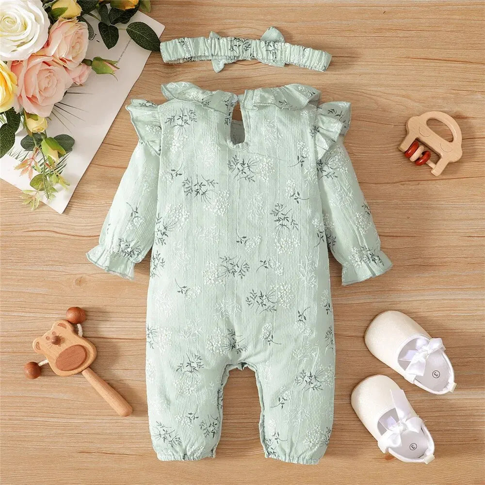 Body pour nouveau-né fille de 0 à 18 mois, imprimé Floral, barboteuse à manches longues avec bandeau, vêtements de printemps et d'automne