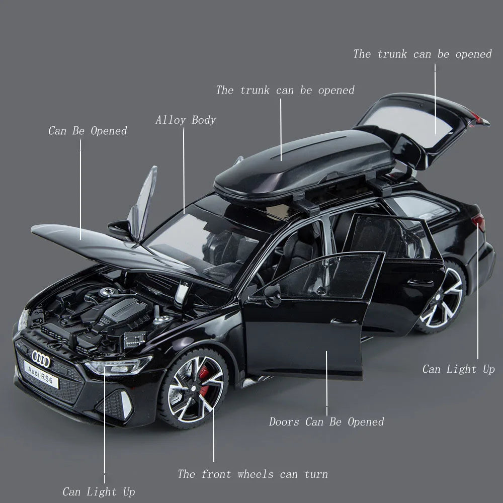 Modèle de voiture jouet Audi RS6 avec son et lumière, portes ouvertes en alliage moulé sous pression, jouet de Collection pour garçon et adulte, cadeau de Festival, 1/32