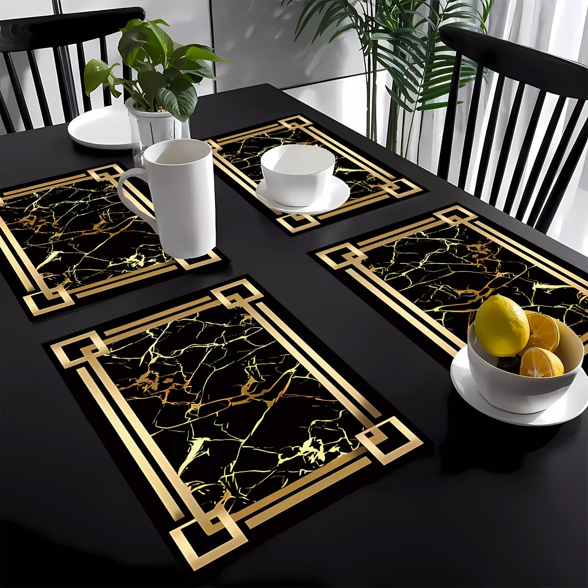 Tapis de table à motifs d'éléments dorés noirs, 4 pièces, tapis de Table, sous-verres, napperons pour Tables à manger de cuisine, décoration de fête