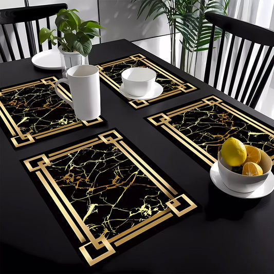 Tapis de table à motifs d'éléments dorés noirs, 4 pièces, tapis de Table, sous-verres, napperons pour Tables à manger de cuisine, décoration de fête