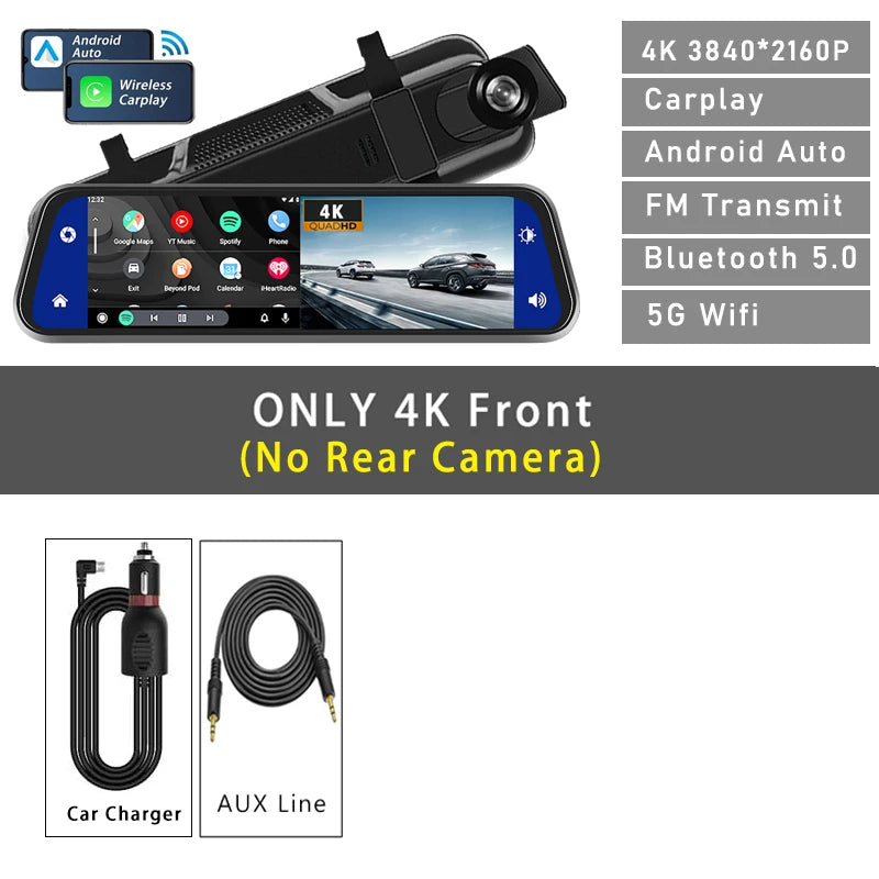 10 "Cam de tableau de bord 4K 3840*2160P voiture Dvr Carplay Android Auto GPS 5G WIFI AUX flux rétroviseur Dashcam caméra lecteur enregistreur FM