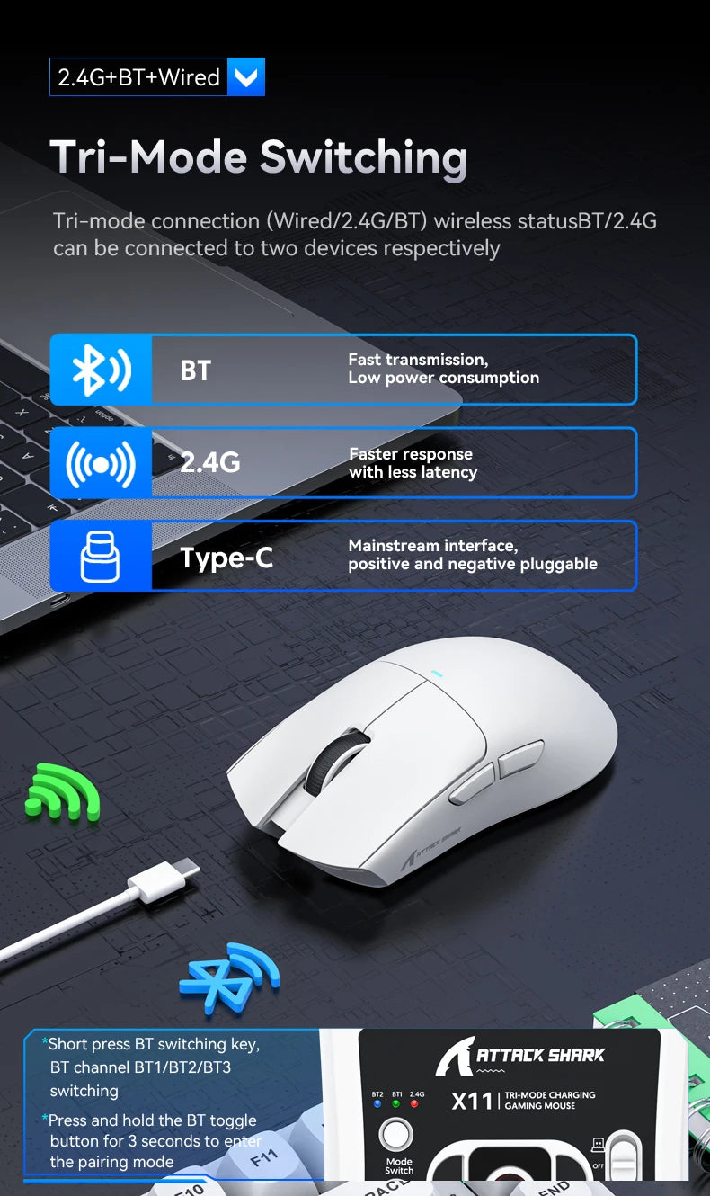 ATTACK SHARK X11 Souris de jeu sans fil légère avec rétroéclairage RVB, jusqu'à 22 K DPI, capteur optique PAW3311, commutateur HUYU