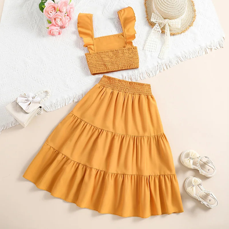 Ensemble de vêtements haut et bas pour enfants, haut à manches courtes + jupe épissure, jaune uni, conçu pour l'été, mode classique, fête décontractée
