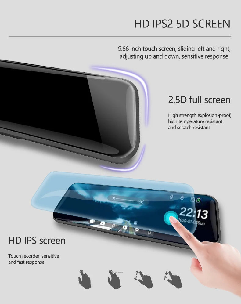 10 pouces pour voiture écran tactile enregistreur vidéo rétroviseur Dash Cam caméra avant et arrière miroir DVR (caméra arrière en option)