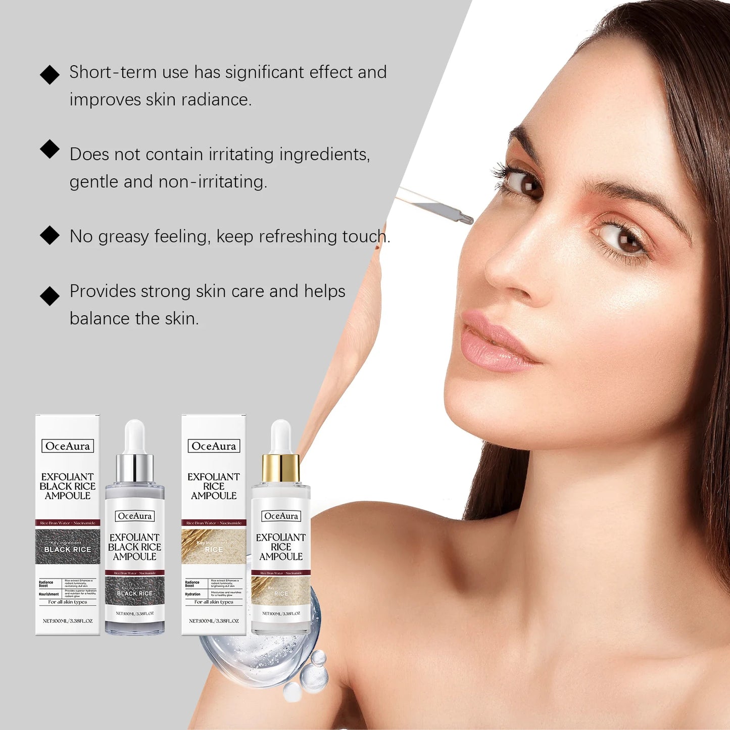 Sérum hydratant pour le visage, nourrit la peau sèche, Essence éclaircissante, ligne Fine lisse, rétrécit les Pores, Toner, liquide exfoliant au riz noir