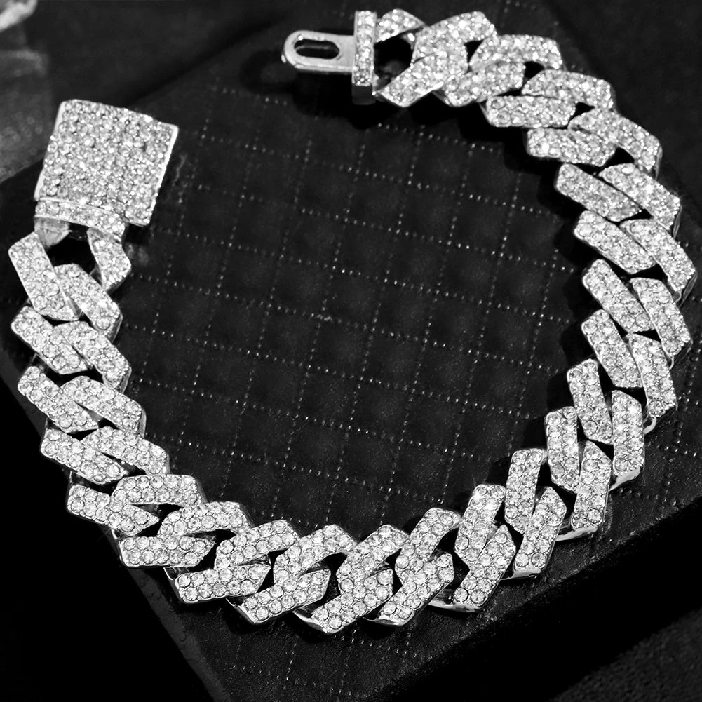 Bracelets en chaîne cubaine à maillons glacés de 14MM pour hommes et femmes, strass complets, épais, Miami, Punk, Hip Hop, bijoux cadeau