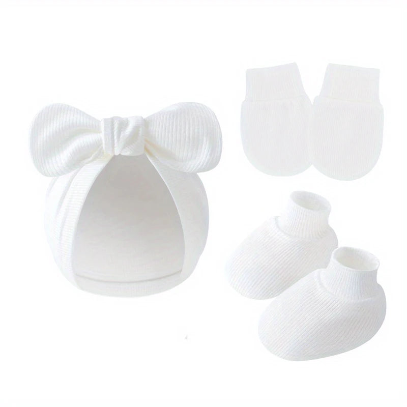 3 pièces/ensemble bébé nœud chapeau gants chaussettes coton nouveau-né Bonnet couleur unie Bonnet pour filles garçons infantile douche cadeaux 0-6M